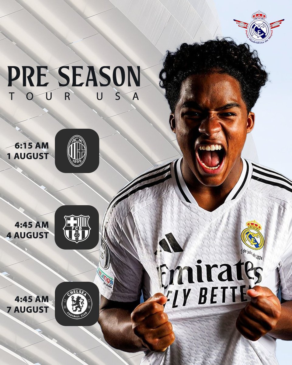 Real Madrid Fan Club Nepal๐ณ๐ต (@rmfcnepal) on Twitter photo โฝ ๐๐๐ ๐๐๐๐ ๐๐ ๐๐๐๐! โฝ๐
๐๐๐๐๐๐ ๐๐๐-๐๐๐๐๐๐ ๐๐๐๐๐๐๐๐โคต๏ธ
Los Blancos will play their 1st pre-season in less than 36 hours against AC Milan๐ฅโจ๏ธ
Madridistas, how are you feeling?๐
#preseason #USATour #HalaMadrid #RMFCN โฝ ๐๐๐ ๐๐๐๐ ๐๐ ๐๐๐๐! โฝ๐
๐๐๐๐๐๐ ๐๐๐-๐๐๐๐๐๐ ๐๐๐๐๐๐๐๐โคต๏ธ
Los Blancos will play their 1st pre-season in less than 36 hours against AC Milan๐ฅโจ๏ธ
Madridistas, how are you feeling?๐
#preseason #USATour #HalaMadrid #RMFCN