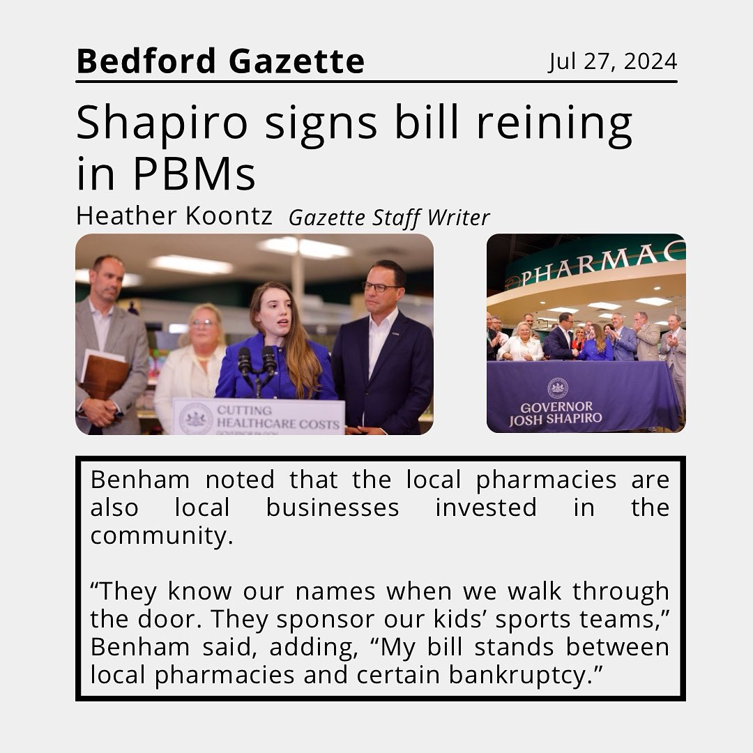 RepBenham's tweet photo. My bill, now signed into law, will give local pharmacies much needed breathing room. https://t.co/mCmws1GHkM
