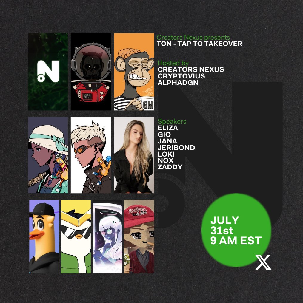 Creators Nexus (@creators_nexus) on Twitter photo TON - Tap To Takeover
Hosts: <a href="/Cryptovius1/">Cryptovius★ 🍊</a> <a href="/drinkBoredMoca/">Bored Moca MBA #00408</a>
📅 July 31st - 9am est
Set reminders, see you there! TON - Tap To Takeover
Hosts: <a href="/Cryptovius1/">Cryptovius★ 🍊</a> <a href="/drinkBoredMoca/">Bored Moca MBA #00408</a>
📅 July 31st - 9am est
Set reminders, see you there!