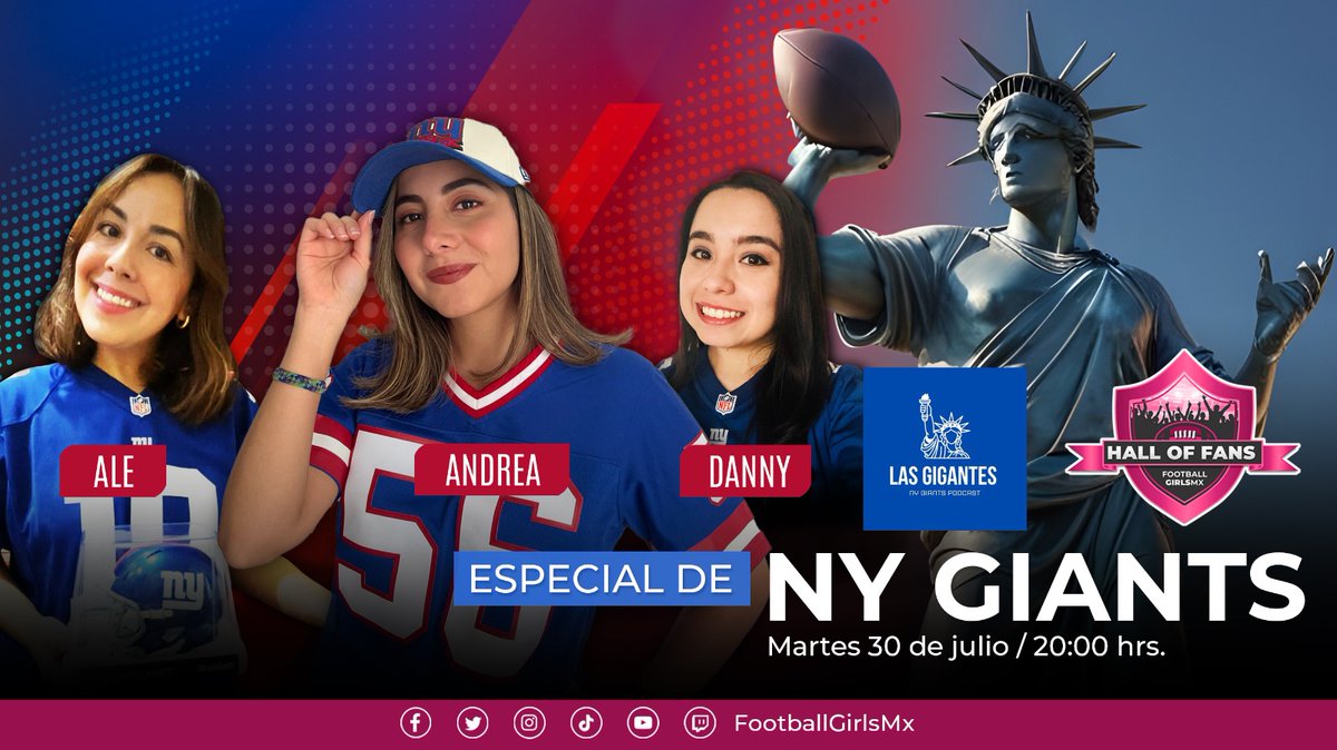 nflgirlsmx's tweet photo. #NFLovers ¿Podrán los #Giants100 mejorar su récord esta temporada 2024 de la #NFL? Esta noche de #HallOfFans @soyandreahn @lanumeronueve y Ale de @LasGigantesMX nos lo cuentan.

¡Dejen sus predicciones y no se pierdan este live!

⏰8PM
📲 https://t.co/63oD9HxfMq
#FootballGirlsMx https://t.co/ZXcB9WLVln