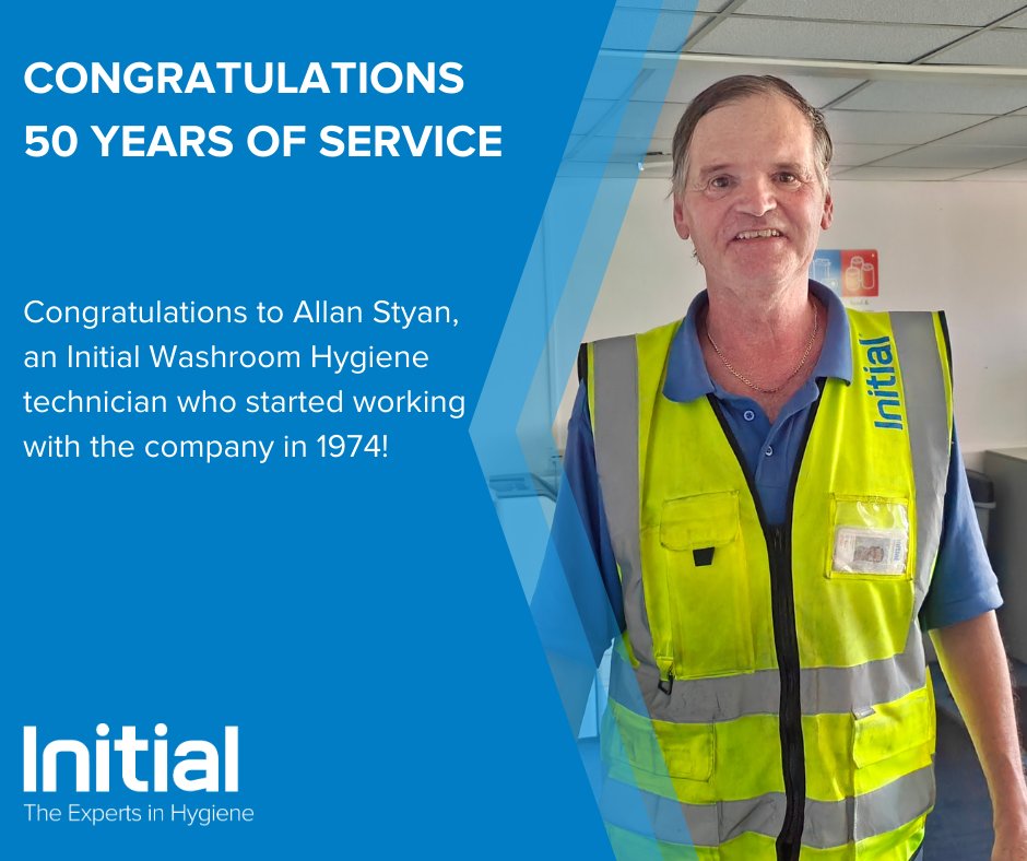 A massive thank you from the Initial Washrooms team for your many years of dedicated service. You have been an inspiration to many, and your dedication to quality customer service has made you a key part of our team, thank you Allan.