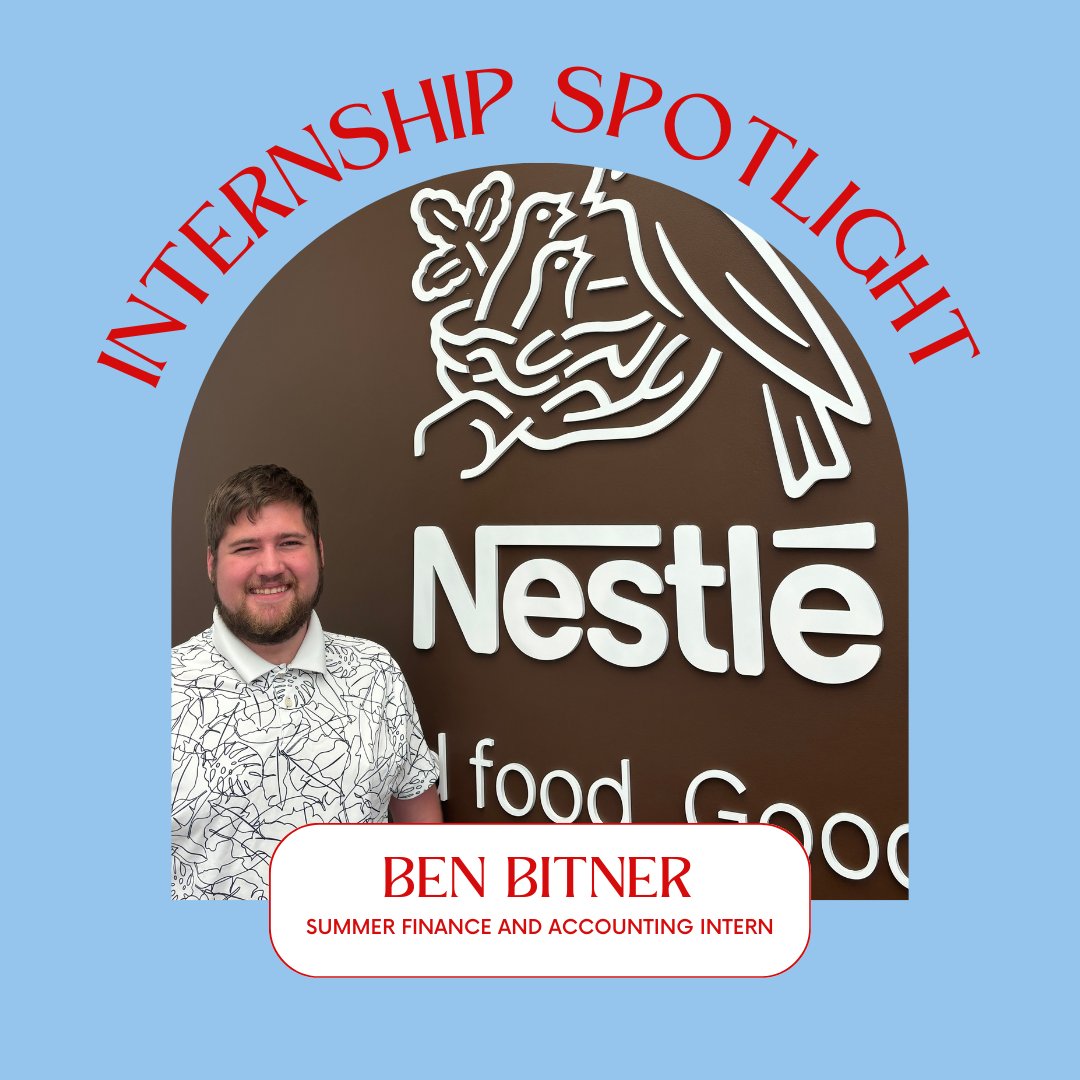 🌟 Meet Benjamin Bitner, a Junior from West Alexandria, OH, majoring in Accounting! 📊 This summer, he's interning with Nestlé USA in Finance and Accounting. 🚀 Big things ahead! #InternSpotlight #NestléInterns #FutureLeader