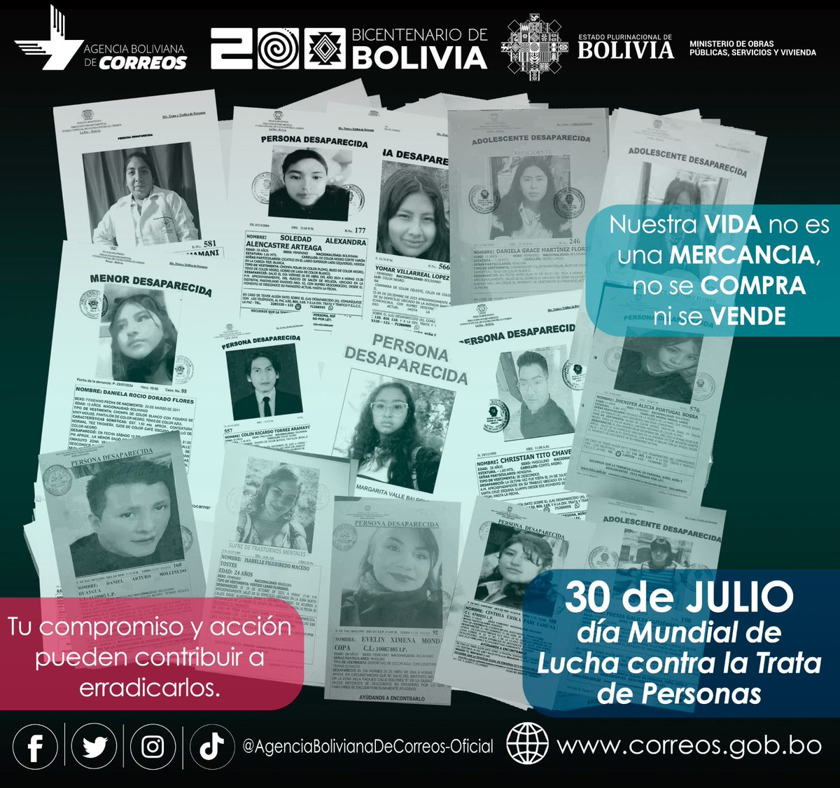 #30deJulio | La Agencia Boliviana de Correos reafirma su compromiso y contribución para erradicar la trata de personas.
"Nuestra Vida NO es una Mercancía, NO se Compra NI se Vende"
#AGBC #uniendosentimientos #correos #Bolivia #TrataDePersonas