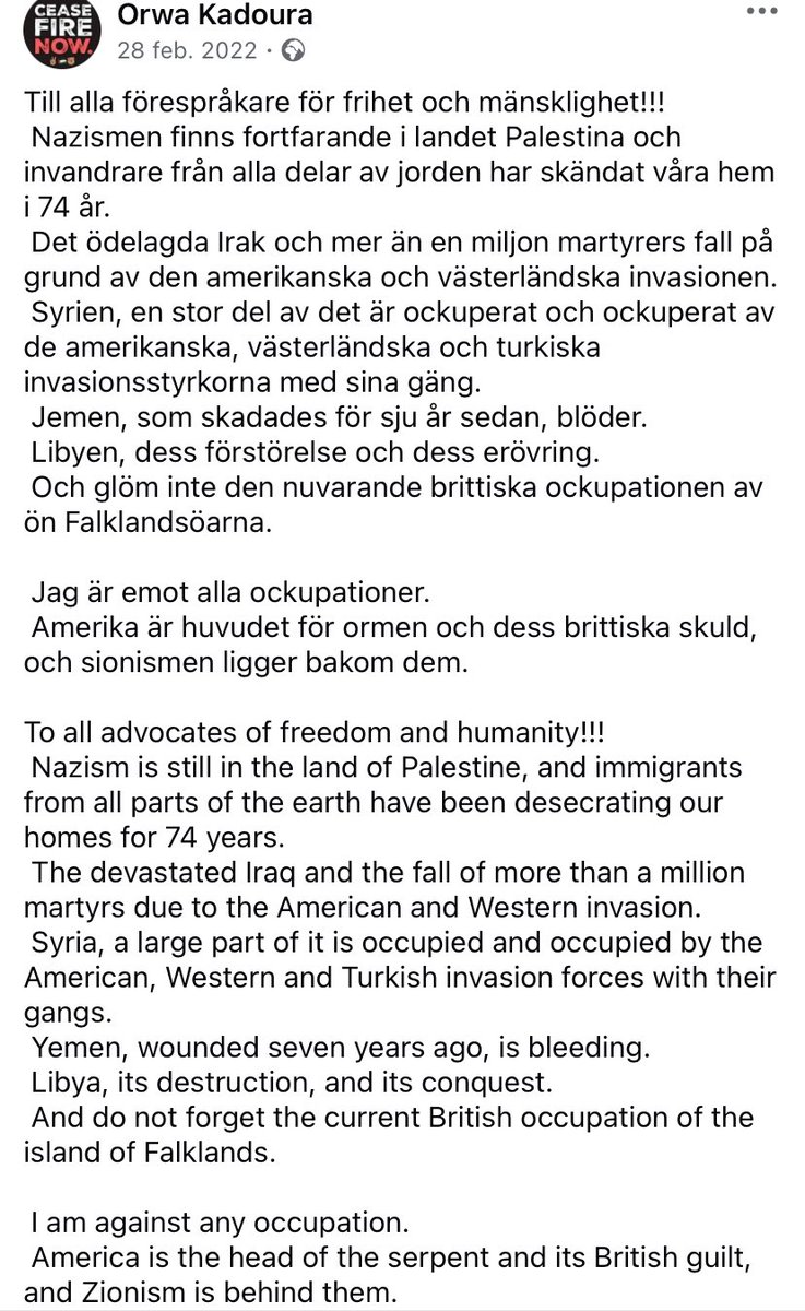 Orwa Kadoura, vice ordf i V i Malmö:
• Frammanar bilden av väst som styrt av ”sionismen”.
 • Delar en bild med blodsanklagelse, 
• Beskriver Israel som en repris av Nazityskland.
• Åberopar att han tillhör ”ett semitiskt folk” som ett slags frikort. 
skma.se/2024/07/skma-v…