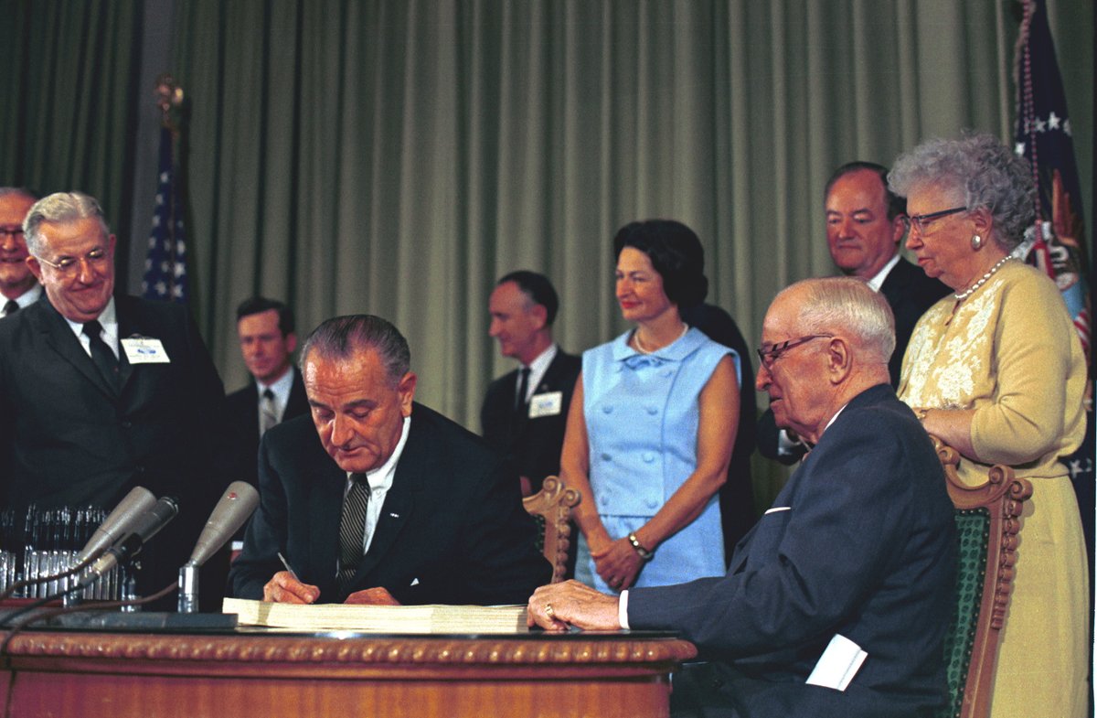 As Harry and Bess Truman looked on, Lyndon Johnson signed Medicare into law - this day in 1965. It was (is) a single-payer, national social insurance program for Americans. administered through an expanded Social Security system (more)