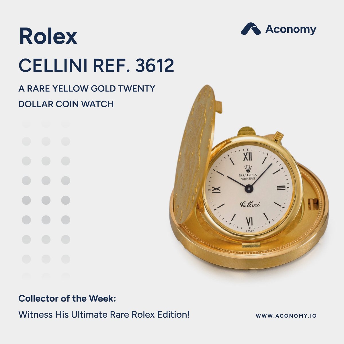 0xAconomy's tweet photo. 📌Collector of the Week: @MunichWatchLove

A rare & luxurious timepiece like the @ROLEX Cellini Coin Watch can attract global investors if brought on-chain. 

Collectors of such rare watches can preserve their legacy #onchain while making it accessible to a wider audience. Thereby expanding their influence in the asset economy as #RWA Validators.

#aconomy #RWAs #collectors #RwaValidator #CryptoNews #marketplace #luxurywatch #Rolex