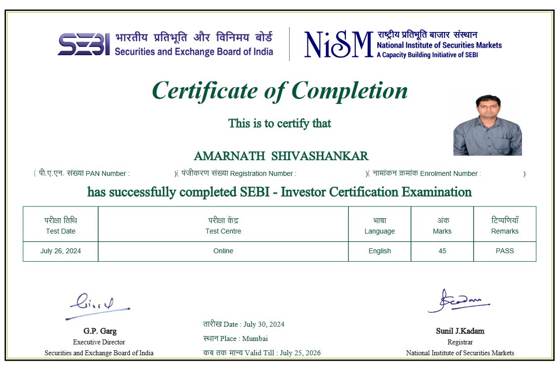 Amara_Bengaluru's tweet image. An academic debut in the world of Finance :)
Glad to have cleared the SEBI Investor Certification Examination.
Looking forward to more learning in the field of Equity Markets and Wealth Management.
Thanks @SEBI_India @NISM_Official for enabling Novice Investors to get a grip…
