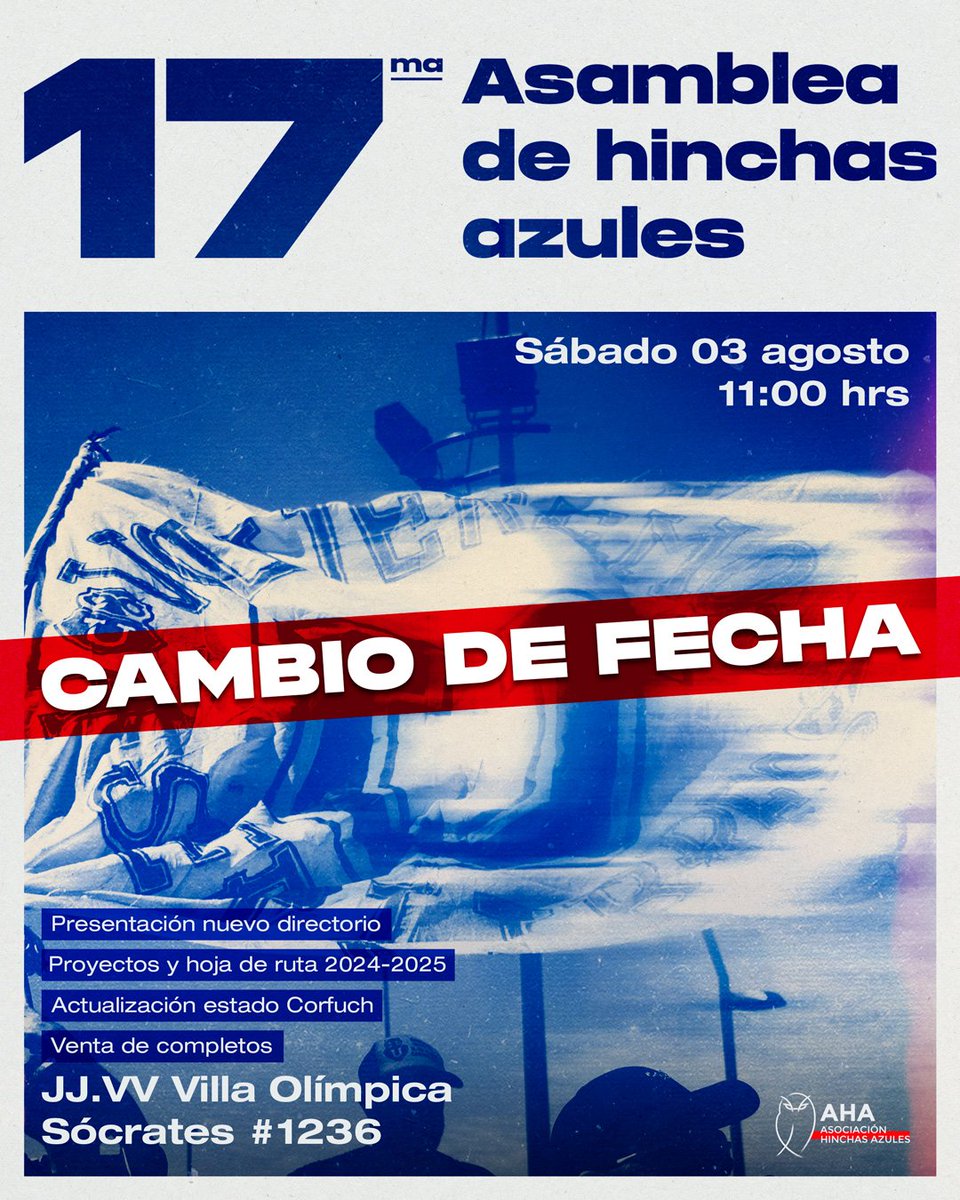 ¡Atención camaradas!
Este sábado nos volvemos a encontrar en la 17° Asamblea de Hinchas Azules 🤘🏼

📍JJVV Villa Olímpica 
🕚 11.00 horas

¡Volveremos a ser libres, volveremos a ser Club!
🔵🔴