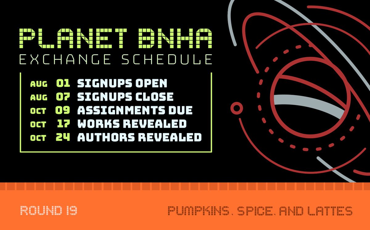 PlanetBNHA's tweet photo. Signups for Round 19 open August 1st at 3PM EDT! We hope to see you there!

This round’s theme is Pumpkins, Spice, and Lattes!

https://t.co/RUvC4L6VM4 https://t.co/xJ9LGVcbjq