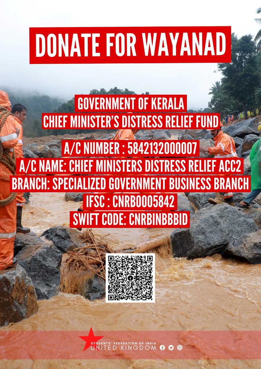 This is an urgent appeal to donate to the Kerala CM's Distress Relief Fund and support those who have been hit by the devastating weather conditions in Wayanad. All contributions are much appreciated
