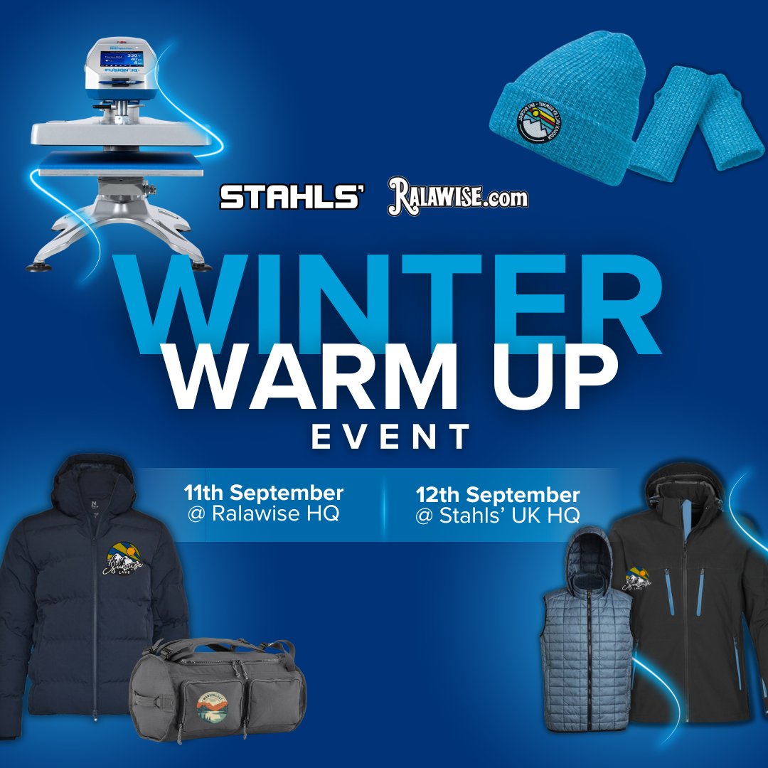 StahlsUK's tweet image. The Winter Warm Up Event hosted by Stahls' UK &amp;amp; @Ralawise 
Join us &amp;amp; special guests on the 11th and 12th of September 2024 in Cheshire &amp;amp; Essex.
Sign up for free 🔗 custom.stahls.co.uk/page/winter-wa…

#heatprinting #stahls #ralawise #heatprintingindustry #heatpress #heatpressing #ralawise
