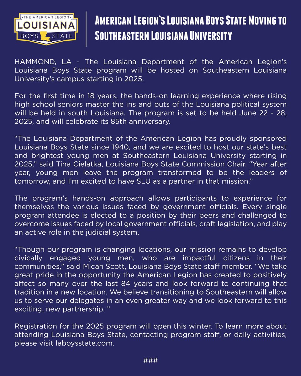 We are honored to announce we are moving to Southeastern Louisiana University in Hammond for the 2025 program. While our location may change, our values remain.