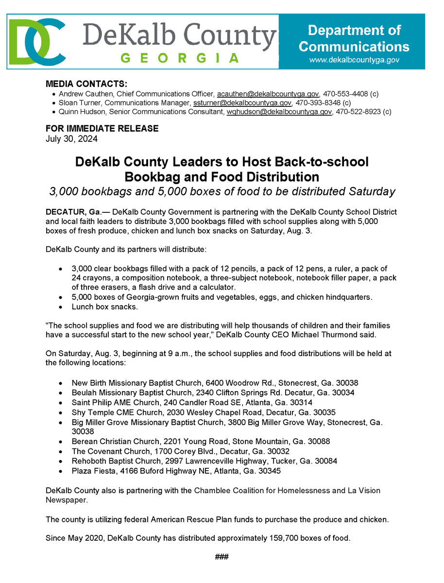 THIS SATURDAY! DeKalb County Leaders to Host Back-to-school Bookbag &amp; Food Distribution