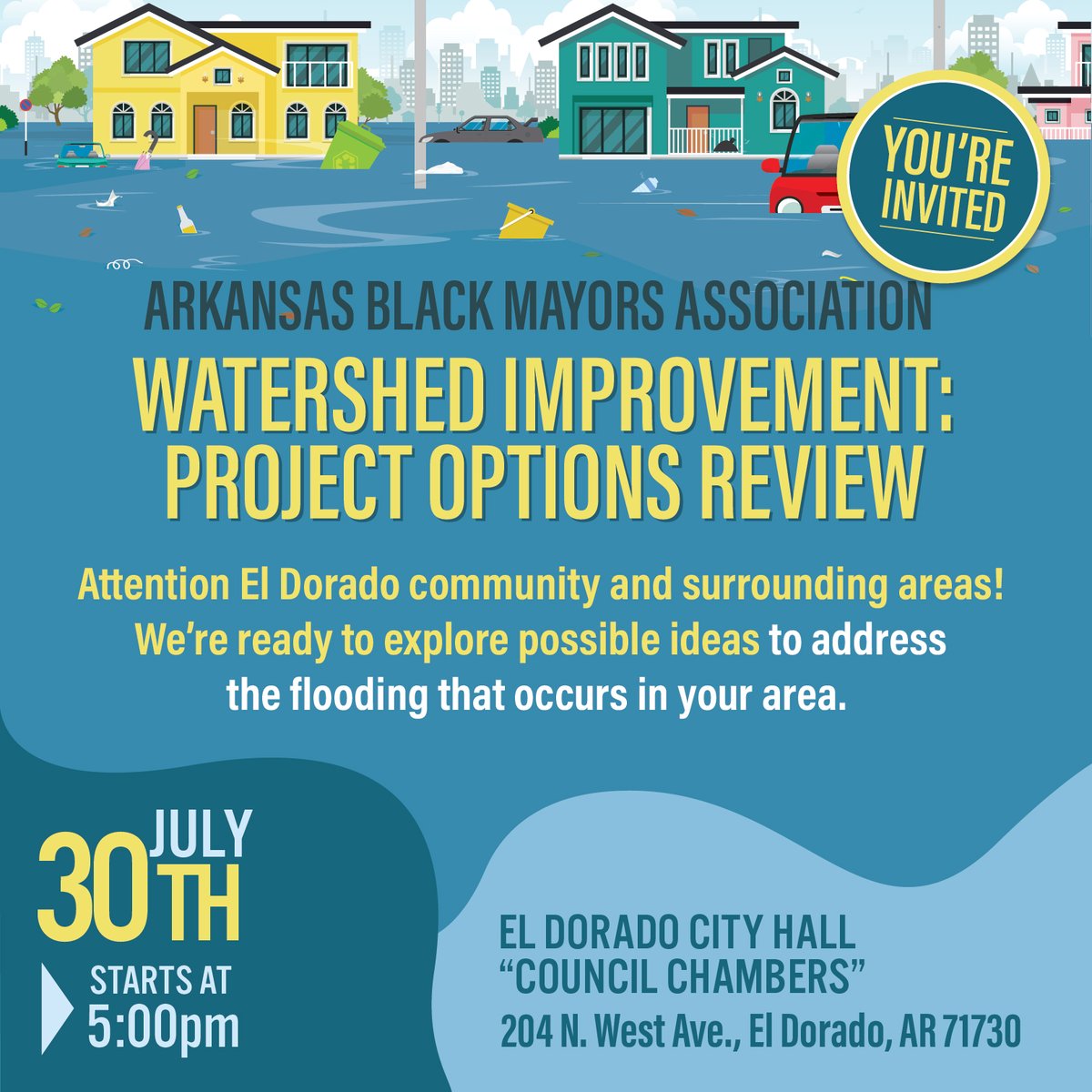 ArkansasMayors's tweet image. If you’re in the City of El Dorado and the surrounding communities, we’re discussing flooding solutions and want YOUR feedback.
Be sure to join us TONIGHT ! @5PM at the Arkansas Watershed Improvement Plans Community Meeting.
#abma #projectcommunity #arkansas #improvement #project