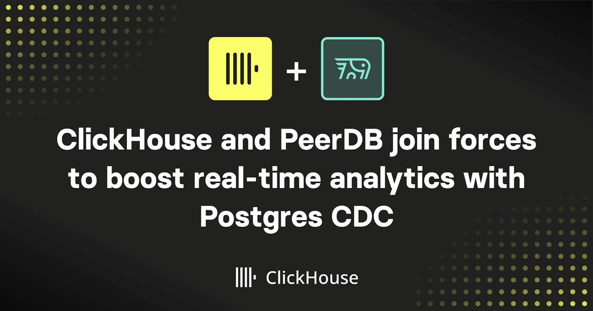 ClickHouse (@clickhousedb) on Twitter photo 📢 We are excited to announce that we're joining forces with <a href="/peerdbinc/">PeerDB (YC S23)</a>, a Change Data Capture (CDC) provider focused on <a href="/PostgreSQL/">PostgreSQL</a>.
This collaboration will enable seamless integration between Postgres and ClickHouse.
Read more below 👇
clickhou.se/4clMKOB 📢 We are excited to announce that we're joining forces with <a href="/peerdbinc/">PeerDB (YC S23)</a>, a Change Data Capture (CDC) provider focused on <a href="/PostgreSQL/">PostgreSQL</a>.
This collaboration will enable seamless integration between Postgres and ClickHouse.
Read more below 👇
clickhou.se/4clMKOB