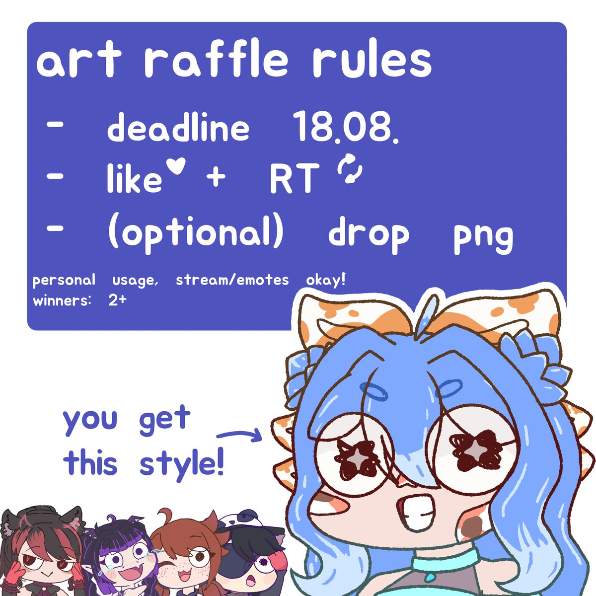 LucksShi's tweet photo. ✨Art Raffle✨

I've been wanting to make more silly doodles for VTubers and people, so I'm doing an art raffle c:

🐟Rules
- Like &amp; RT this Post
- (optional) reply with your ref c:

🐟Ends 18. August

🐟2 winners, I'll add another if we hit 50 RTs! https://t.co/sKw9dQWJpt