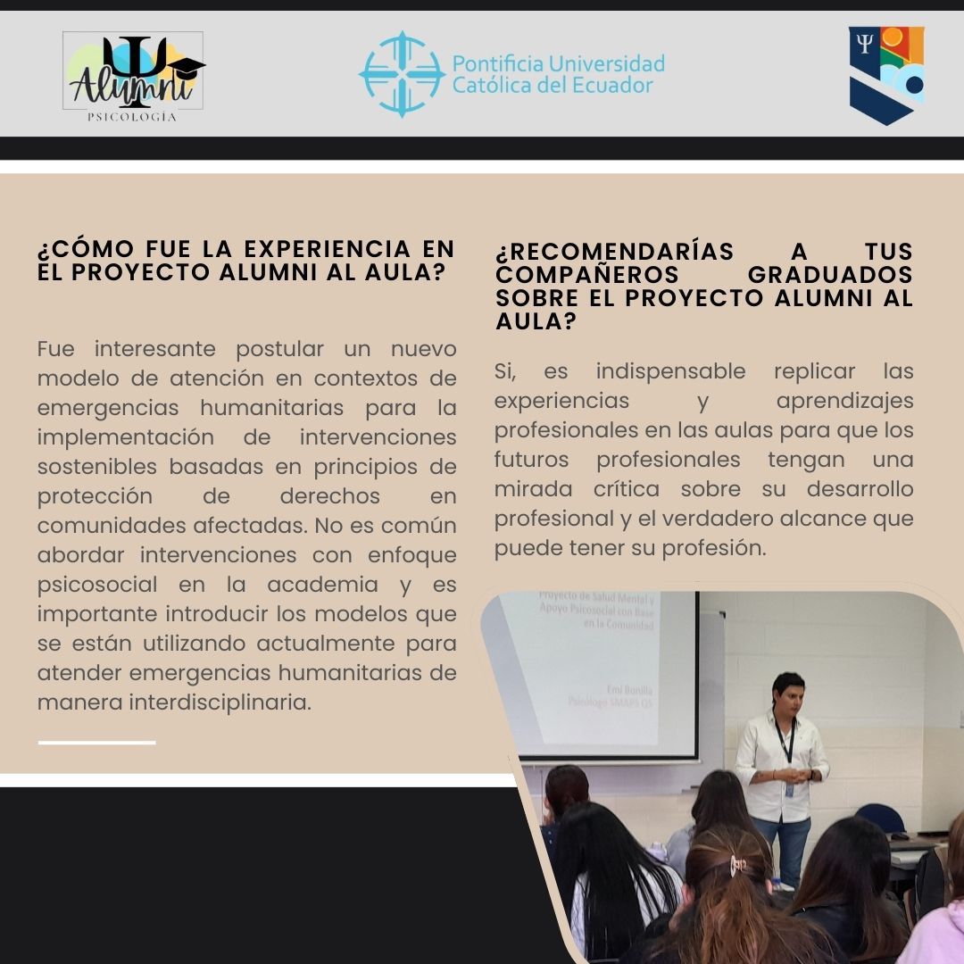 psicopuce's tweet photo. 🎓¡Es emocionante ver cómo nuestro Alumni Emilio Bonilla regresa a las aulas para inspirar a las próximas generaciones! Agradecemos a la Mtr. Alexandra Serrano por su contribución en #AlumniAlAula #AlumniPsicologíaPUCE.🎓 https://t.co/Pdo9zu0qda