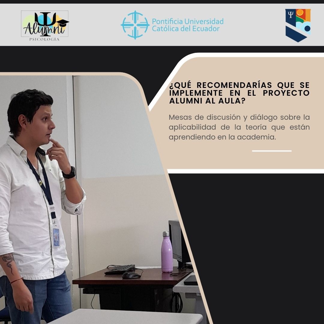 psicopuce's tweet photo. 🎓¡Es emocionante ver cómo nuestro Alumni Emilio Bonilla regresa a las aulas para inspirar a las próximas generaciones! Agradecemos a la Mtr. Alexandra Serrano por su contribución en #AlumniAlAula #AlumniPsicologíaPUCE.🎓 https://t.co/Pdo9zu0qda