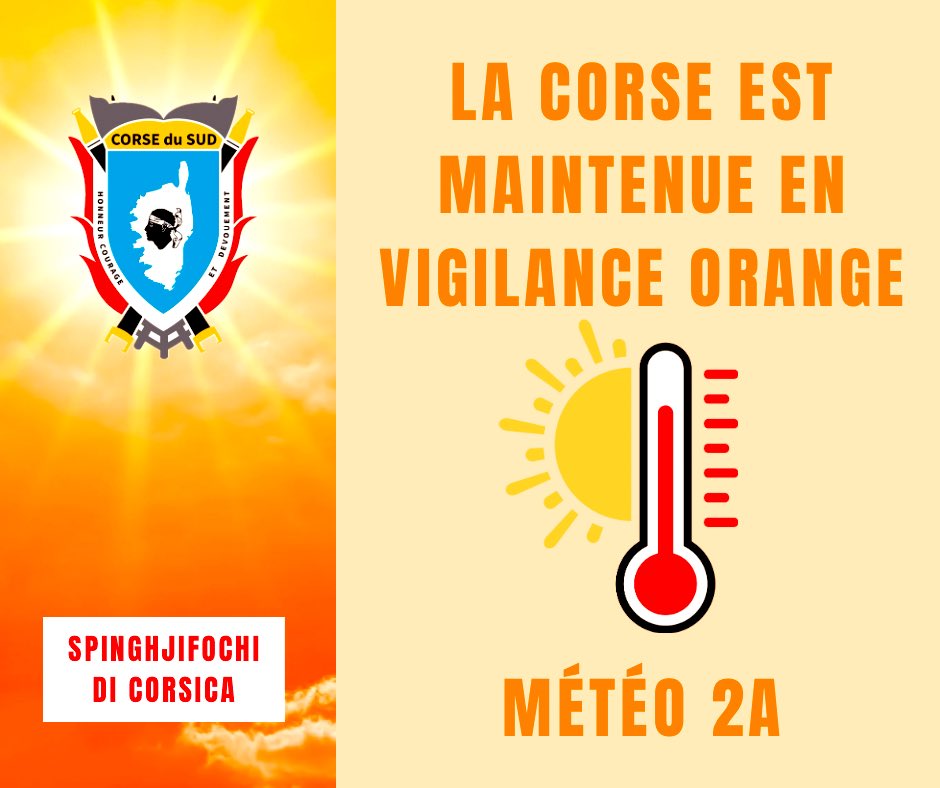 SIS_2A's tweet image. #Météo2b #VigilanceOrange 
La vigilance 🟠 est maintenue en Corse pour températures élevées. Un épisode météorologique qui pourrait se poursuivre jusqu&apos;à jeudi.
Plus d&apos;infos et conseils ⤵️
sante.gouv.fr/sante-et-envir…