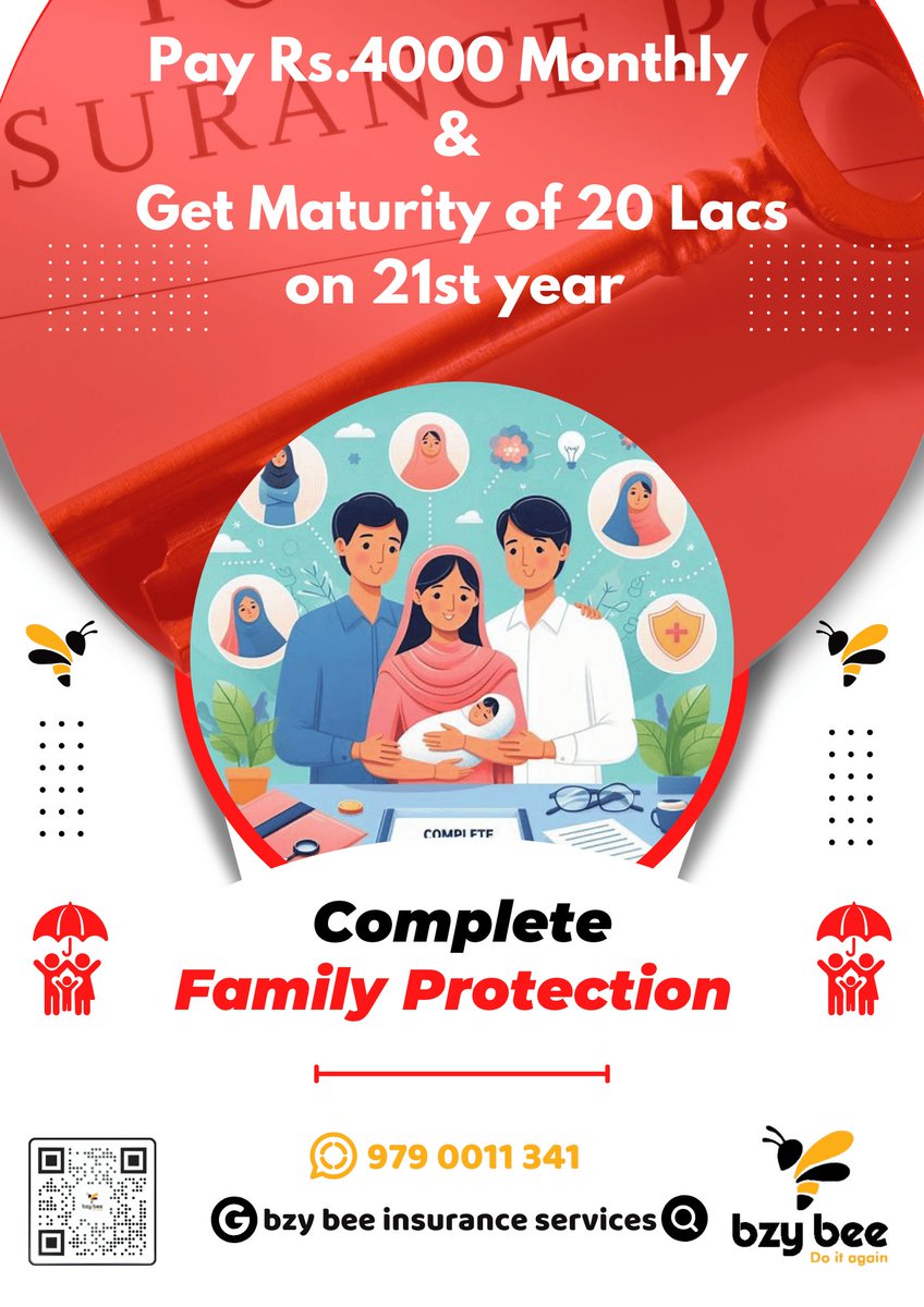 bzybeeinsurance's tweet image. Provide your family with comprehensive protection by investing in a monthly insurance scheme of Rs.4000 and receiving a 20 Lacs maturity sum on the 21st year. #SecureFamily #InsuranceBenefits 🌟

#bzybee #insurance #lifeinsurance #madurai #uthangudi #9790011341