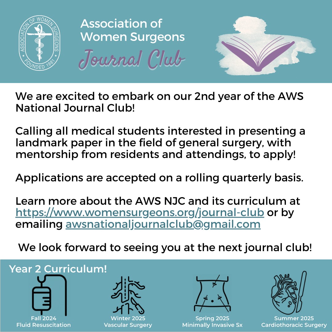 We are looking for highly motivated medical students to present landmark papers in general surgery, with mentorship from residents and attendings.

Applications will be accepted on a rolling basis! Get your application in soon! #AWSJournalClub #AWSStudentSurgeons