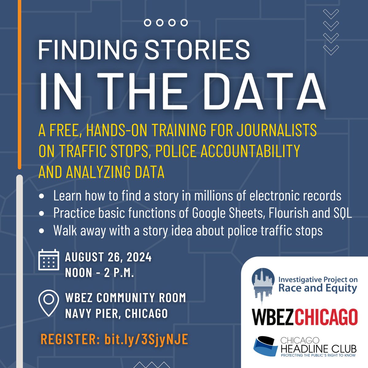 raceandequity1's tweet photo. Want to learn to crunch data like a pro? We're hosting a hands-on training  Aug. 26 for editors, reporters and policy makers on how to use our police #trafficstops database with @matt_kiefer. Co-sponsors: @WBEZ  and @headlineclub. REGISTER: https://t.co/nyfeM9vWUy https://t.co/b9z1GroJw0