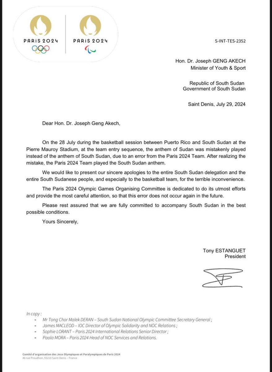 Ministry of Youth and Sports ๐ธ๐ธ (@moys_ss) on Twitter photo ๐๐ธ๐ธ Official Apology from <a href="/Paris2024/">Paris 2024</a> Olympic Committee.
On July 28th, during our national basketball team game against ๐ต๐ท, the wrong anthem was played. <a href="/Olympics/">The Olympic Games</a> has expressed deep regret and apologized for the error ensuring such mistakes wonโt happen again.
Read More ๐ ๐๐ธ๐ธ Official Apology from <a href="/Paris2024/">Paris 2024</a> Olympic Committee.
On July 28th, during our national basketball team game against ๐ต๐ท, the wrong anthem was played. <a href="/Olympics/">The Olympic Games</a> has expressed deep regret and apologized for the error ensuring such mistakes wonโt happen again.
Read More ๐