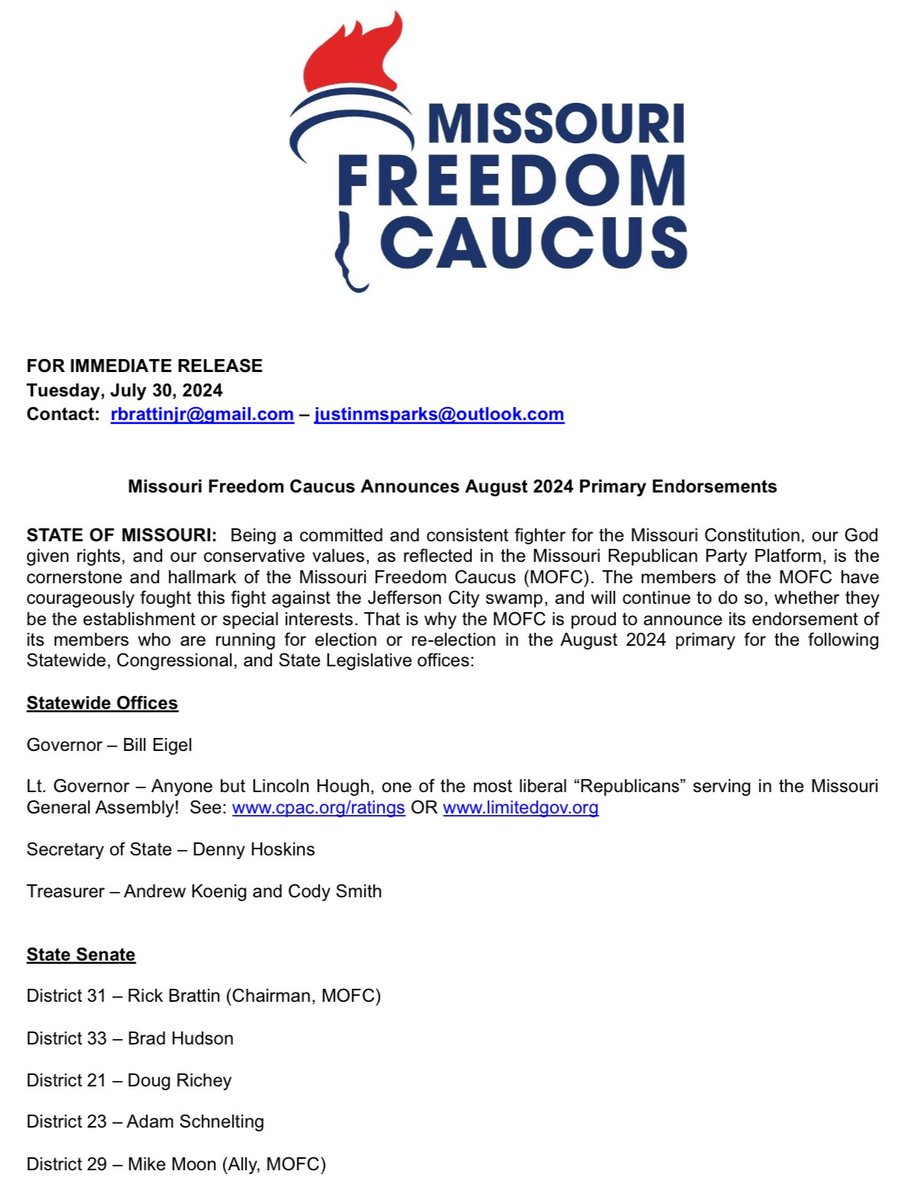 MOFreedomCaucus's tweet image. MOFC is proud to announce its endorsement of federal, state &amp;amp; local offices! It is vital you vet your candidates to ensure the “R” behind their name stands for Republican, not RINO. 
@christmazzie @SchneltingAdam @brad_hudson_ @RepSeitz156 @benKeath @JustinMSparks @MissouriGOP