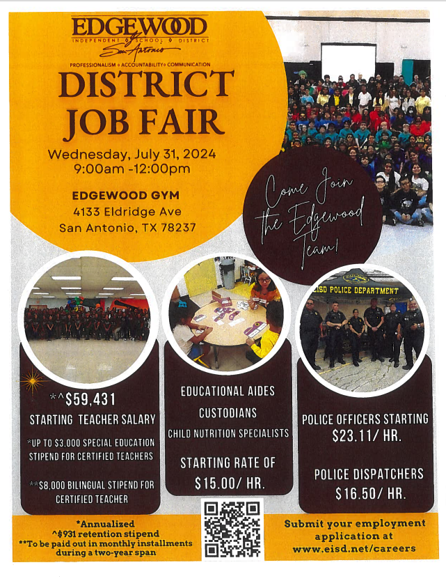 EISD Human Resources (@eisdhr1) on Twitter photo Come visit us at our upcoming job fair, tomorrow, July 31, 2024, from 9am to Noon! See below for details! We can't wait to meet you! <a href="/EISDofSA/">Edgewood ISD</a> <a href="/CaTrevino09/">Cynthia Trevino</a> ๐๐ Come visit us at our upcoming job fair, tomorrow, July 31, 2024, from 9am to Noon! See below for details! We can't wait to meet you! <a href="/EISDofSA/">Edgewood ISD</a> <a href="/CaTrevino09/">Cynthia Trevino</a> ๐๐