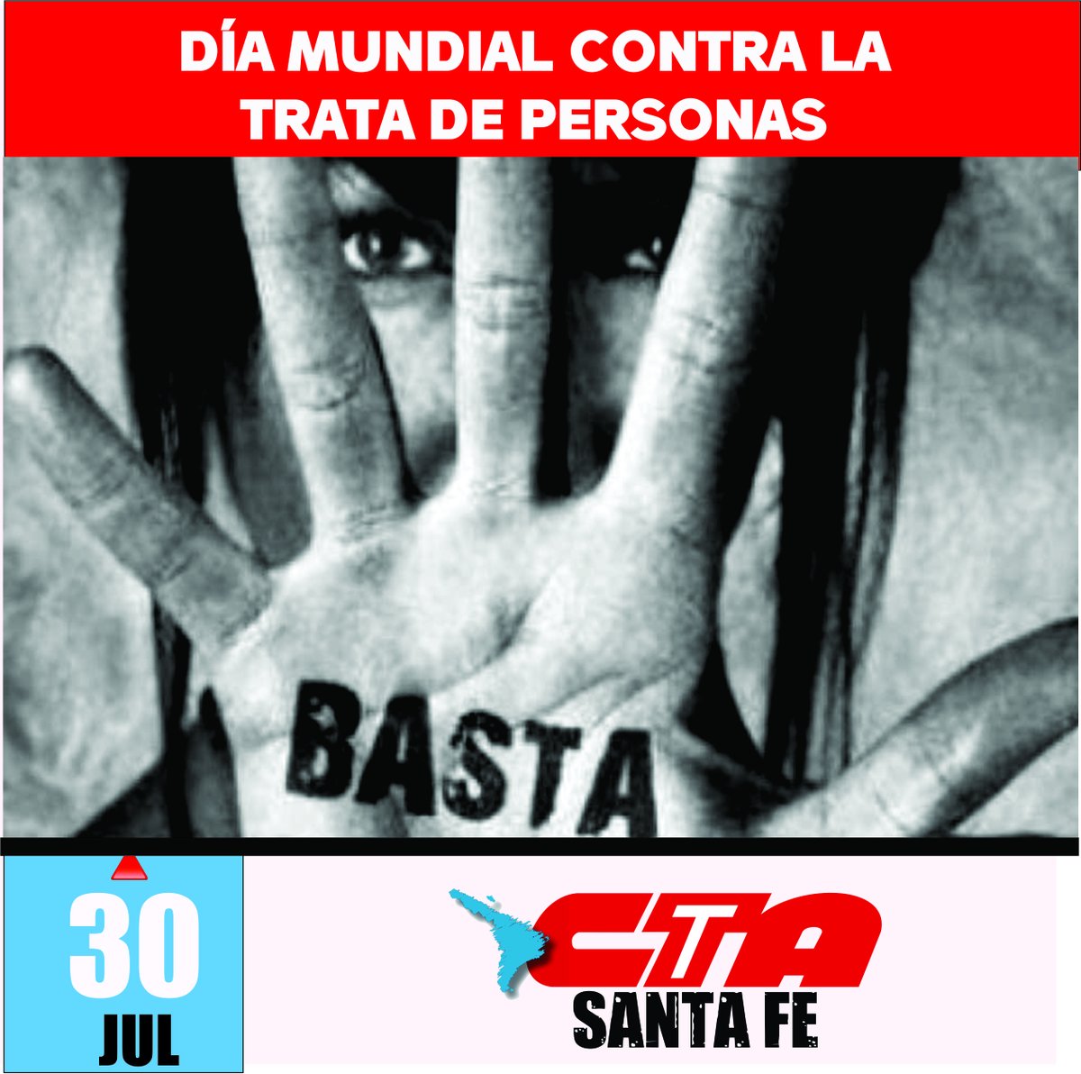 *CTA SANTA FE* 👇
*DÍA MUNDIAL CONTRA LA TRATA DE PERSONAS* 🫸
✋🏻🙏🏻El Día Mundial contra la Trata fue proclamado por la Asamblea General de las Naciones Unidas. Es un día para tomar conciencia de la difícil situación de las personas vulneradas por la trata de personas.
