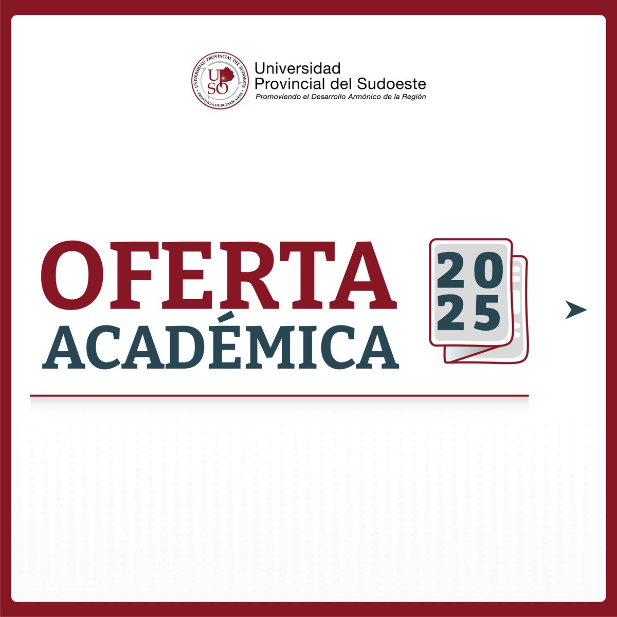 upsouniversidad's tweet photo. ▶️ Presentamos la #OfertaAcadémica2025 📚 

👉 Las inscripciones para el primer cuatrimestre 2025 comienzan el 1 de octubre. 

ℹ️ Más información en nuestra web https://t.co/KQ8TfdajU7

#EstudiáEnTuLugar #EstudiáEnLaUPSO #EducaciónPúblicayGratuita https://t.co/yNBBGV9obi