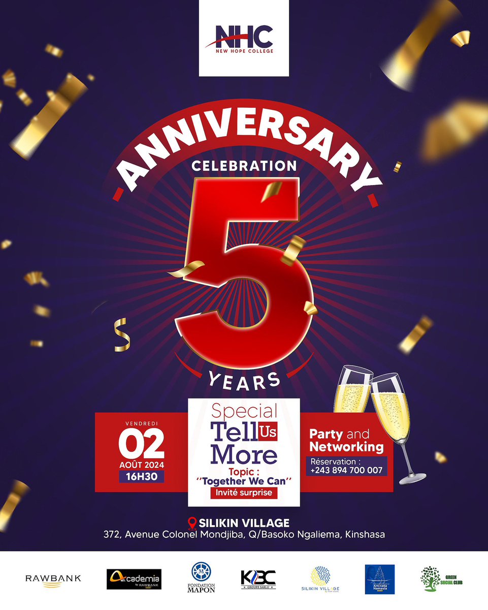 NewHopeCollege1's tweet photo. 🎉 We’re excited to announce the 5th anniversary celebration of New Hope College on August 2, 2024, from 16:30 to 22:00 at Silikin Village! 🎉

Join us for a day of speeches, awards, presentations, and networking under the theme “Together We Can”. #NHC #TogetherWeCan #5Years https://t.co/3biFUf8Gy7