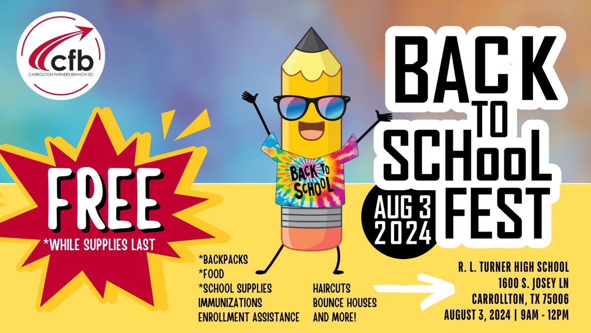 Hey CFB Families, get your students ready for school at the Back to School Fest on August 3rd! Free school supplies, haircuts, food, immunizations and more! (While supplies last). For more information, check out our Back to School Fest event facebook.com/share/mZbpr9Ra…