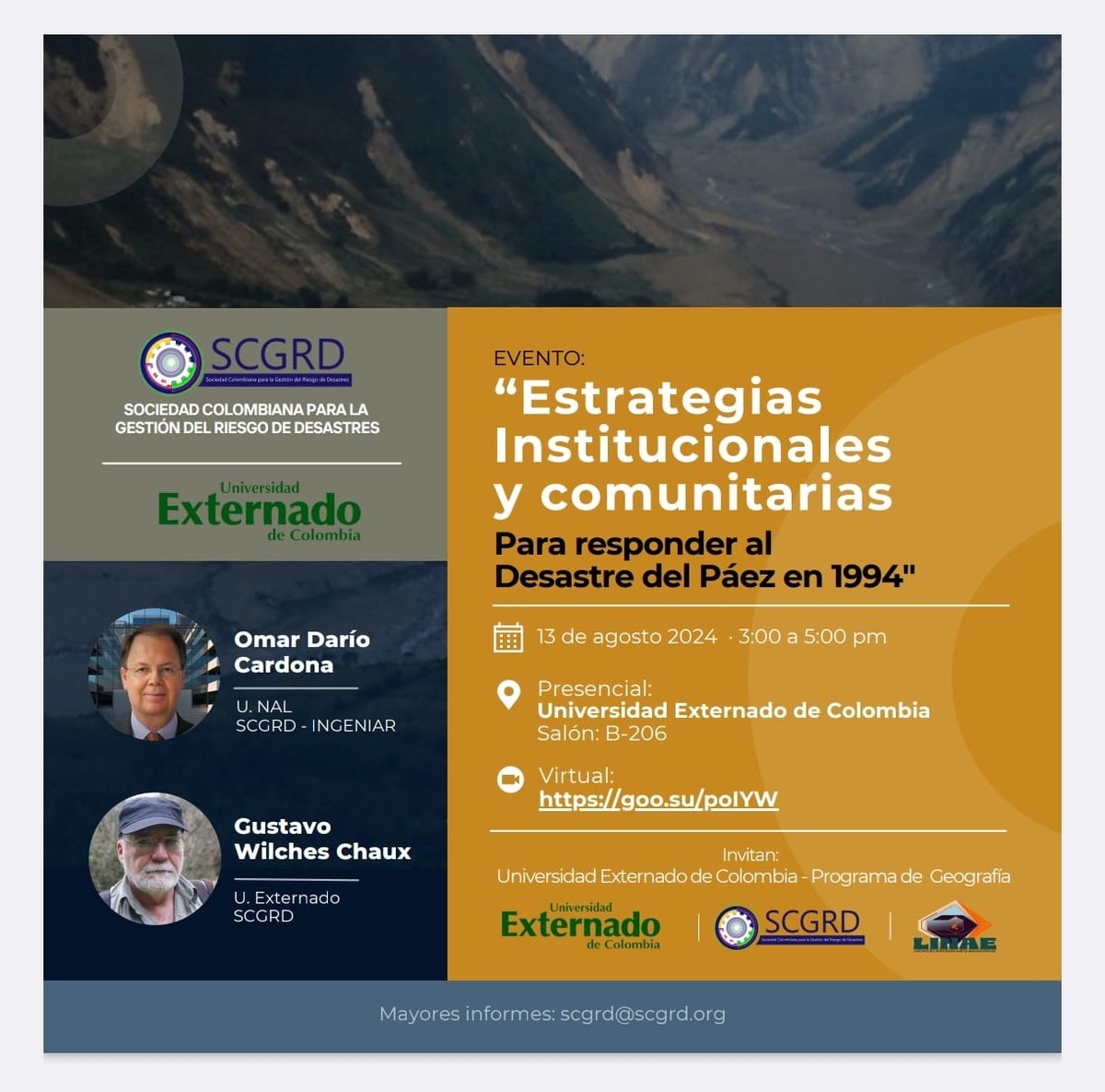 wilcheschaux's tweet photo. Invitan la Sociedad Colombiana para la Gestión del Riesgo de Desastres y el Laboratorio de Análisis Espacial LINAE de la Facultad de Ciencias Sociales y Humanas de la @UExternado - Salón B-206 de la U. Externado. Virtual previa inscripción en https://t.co/jYG8JEWj3s https://t.co/DWT2dmNgZL