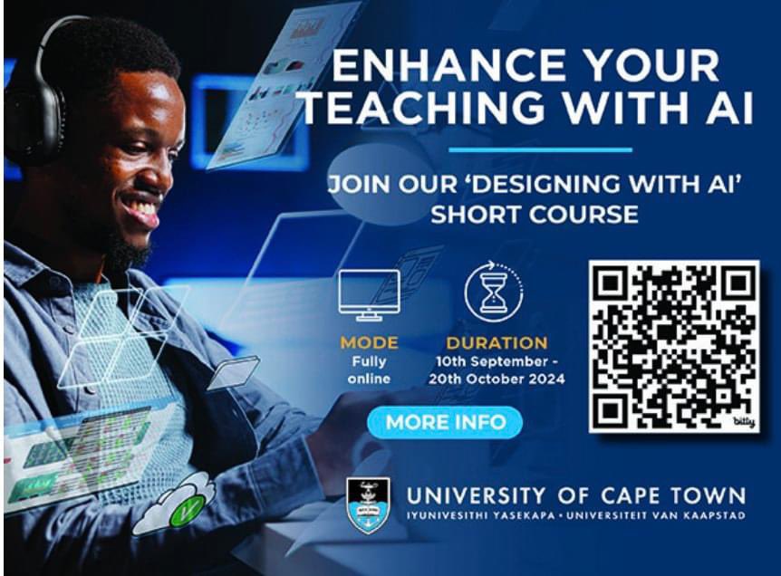 Our amazing <a href="/CILT_UCT/">CILT at UCT</a> colleagues are offering a short online course on ‘Designing with AI’ in September! Don’t miss out on this cutting edge development opportunity! #AI #UCT #HigherEd