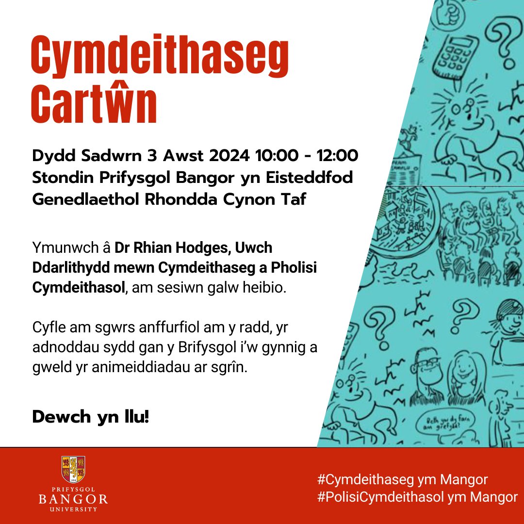Bydd ein Hysgol yn brysur yn yr <a href="/eisteddfod/">eisteddfod</a> Genedlaethol eleni yn stondin <a href="/prifysgolbangor/">Prifysgol Bangor</a>!

Dewch yn llu ar ddydd Sadwrn cynta'r Steddfod i glywed mwy gan <a href="/Dr_Rhi/">Rhian Hodges-Owen</a> am ei llyfr cartwnau cymdeithaseg a luniodd gyda <a href="/cynog_prys/">Cynog Prys</a> a @huwaaron, ac a enillodd wobr gan y <a href="/colegcymraeg/">Coleg Cymraeg</a>!
