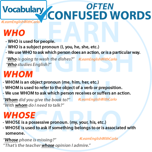 Carlo4English's tweet photo. GRAMMAR - Who, Whom, or Whose?
These three words are often confused. Here’s a brief explanation of the differences. For more information:
https://t.co/5y6Dt9mbzO

#LearnEnglishWithCarlo #ImproveYourEnglish #who #whom #whose #Confused #confusing https://t.co/KuJ5H1pKil