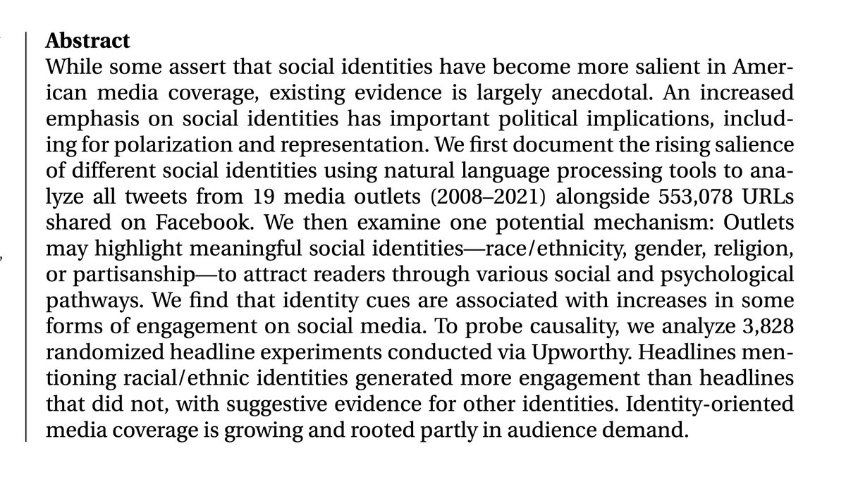 Dan Hopkins (@dhopkins1776) on Twitter photo MeToo. Israel-Palestine. Even cat ladies. Stories cueing social identities frequently fill headlines.
In a new @AJPSeditor with <a href="/ylelkes/">Yphtach Lelkes</a> & S. Wolken “The rise of and demand for identity-oriented media coverage” we offer a partial explanation why.
onlinelibrary.wiley.com/doi/10.1111/aj…
đź§µ/1 MeToo. Israel-Palestine. Even cat ladies. Stories cueing social identities frequently fill headlines.
In a new @AJPSeditor with <a href="/ylelkes/">Yphtach Lelkes</a> & S. Wolken “The rise of and demand for identity-oriented media coverage” we offer a partial explanation why.
onlinelibrary.wiley.com/doi/10.1111/aj…
đź§µ/1