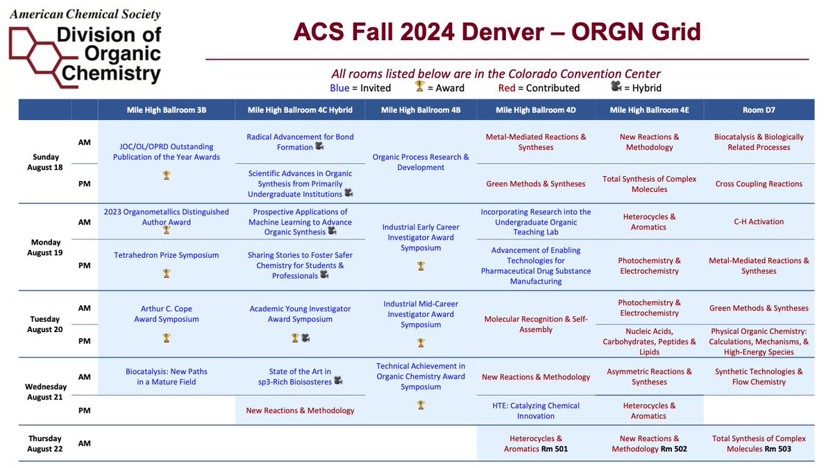 The Division of Organic Chemistry is excited for the upcoming ACS Conference in Denver! Thanks to our amazing program directors Scott Bagley (<a href="/BagPhos/">Scott Bagley</a> ) and Emily McLaughlin (<a href="/McLaughlinLab/">McLaughlin Lab</a> ), we have this amazing grid for all organic sessions. Print and share with your friends!