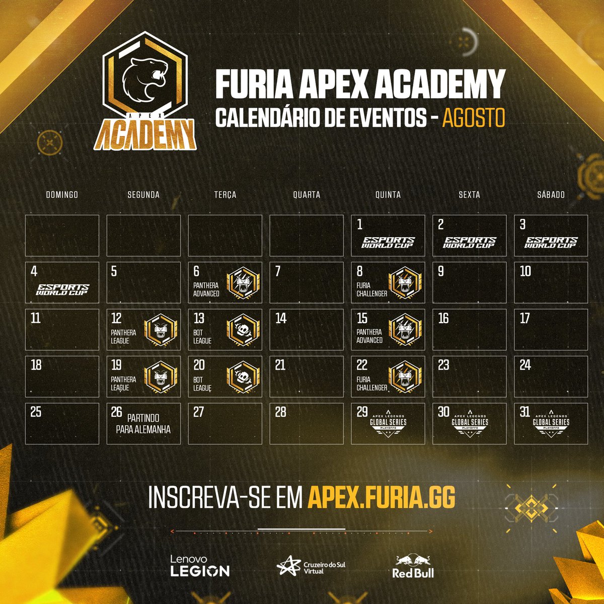 Quero muito RT nesse post porque o Apex vive aqui no SA, ok?

Esse é o calendário da FURIA Apex Academy de Agosto!

Agora teremos as 4 ligas principais e mais eventos no mês. Agosto especificamente iremos “perder” duas semanas de Apex Academy, afinal teremos 2 presenciais de