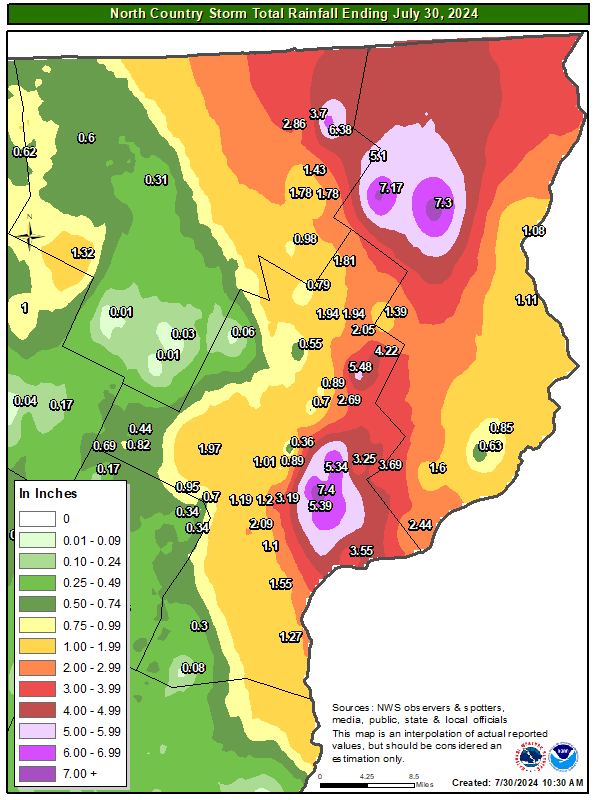 NWSBurlington's tweet photo. An incredible amount of rain fell across portions of northeast Vermont overnight. Here's a zoomed in view of the reports we've tallied. The highest amount of 8.41" was recorded by one of our CoCoRaHS observers in St. Johnsbury. https://t.co/sj80mqsXNA