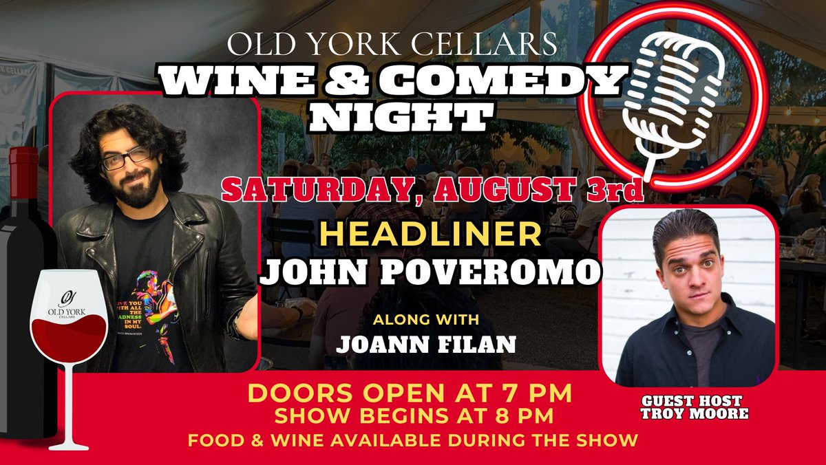 📷📷  Get ready for another evening of laughter and libations at this Saturday Night at OYC!
📷 Guest Host Troy Moore welcomes back headliner John Poveromo to our stage.  Book your tickets now for an unforgettable night out!  exploretock.com/.../wine-and-c…...
#WineAndComedy #LiveComedy