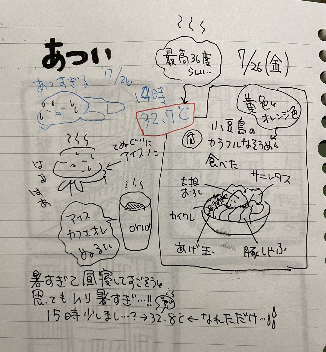 メモ日記。とにかく暑いのはよく分かる。日中はできるだけ火を使わず手早く料理したいなあ。
メモは無印のa7サイズのメモ帳。一枚目はA5のルーズリーフ。 