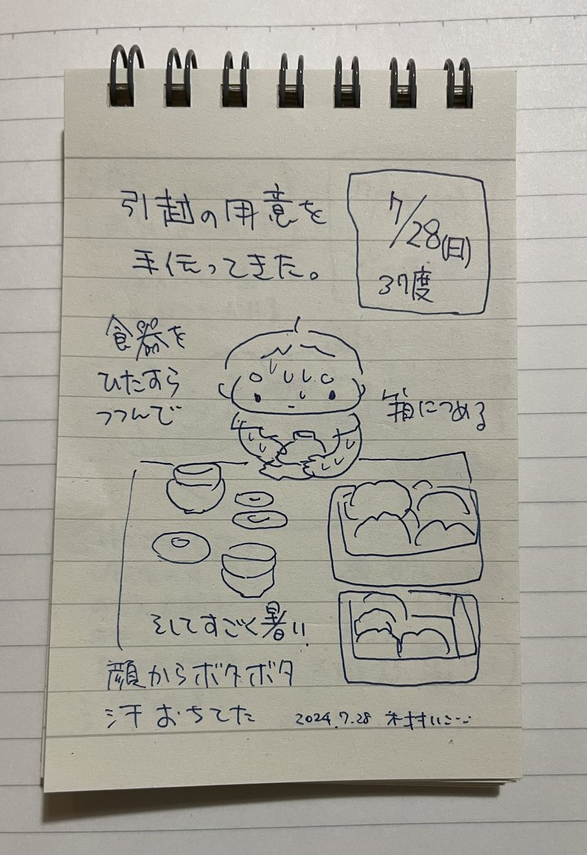 メモ日記。とにかく暑いのはよく分かる。日中はできるだけ火を使わず手早く料理したいなあ。
メモは無印のa7サイズのメモ帳。一枚目はA5のルーズリーフ。 