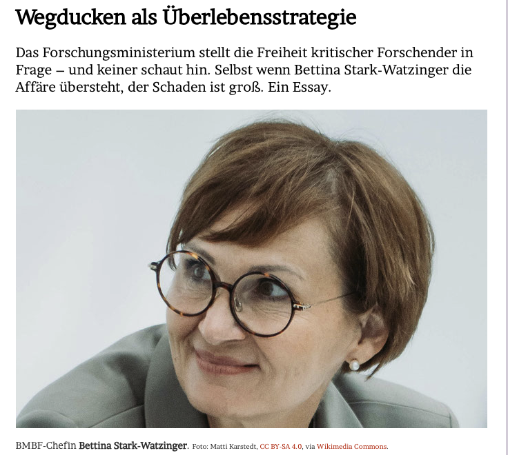 JMWiarda's tweet photo. Wegducken als Überlebensstrategie

Das Forschungsministerium stellt die Freiheit kritischer Forschender in Frage – und keiner schaut hin. Selbst wenn Bettina Stark-Watzinger die Affäre übersteht, der Schaden ist groß. 

Im @Tagesspiegel und im Blog: https://t.co/mRbMKRYL6T https://t.co/lHEHkppIb6