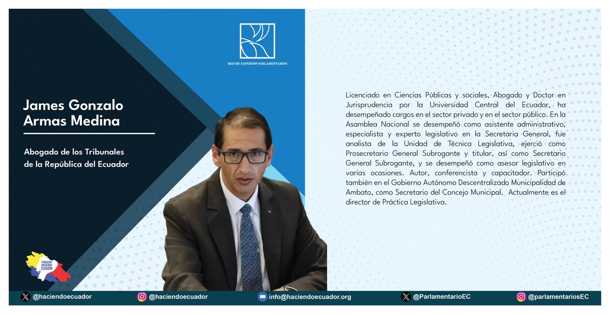 ParlamentarioEC's tweet photo. Damos la bienvenida a Gonzalo Armas @gonzaloarmas Doctor en Jurisprudencia, cuenta con una destacada trayectoria en la @AsambleaEcuador donde ocupó el cargo de Pro Secretario General, entre otros. https://t.co/o4qP2RRV4l