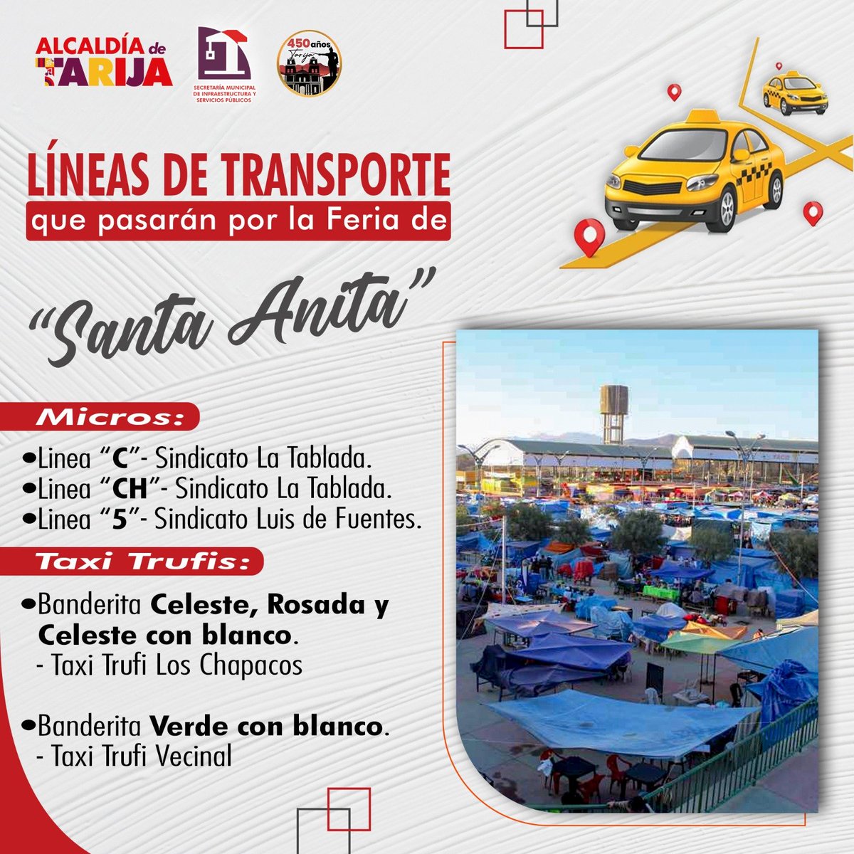 MUNICIPIOTJA's tweet photo. Aprovecha estas opciones de transporte y visita el Campo Ferial con comodidad. ¡Esperamos verte pronto disfrutando de todas las actividades y eventos que tenemos preparados para ti! https://t.co/Oqv07QyPHW