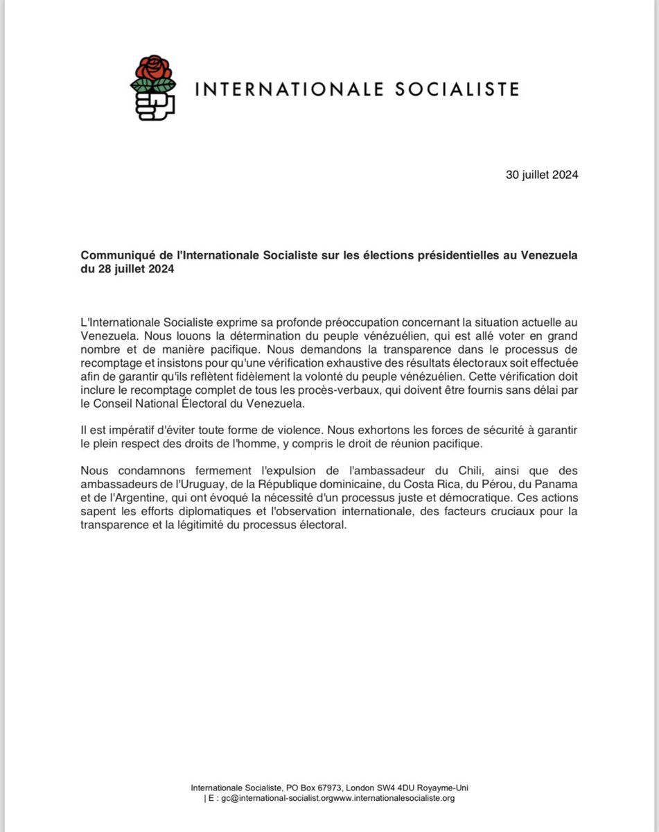 Comunicado de la Internacional Socialista sobre las Elecciones
Presidenciales en Venezuela del 28 de julio de 2024

Statement from the Socialist International on the Presidential Elections in Venezuela on July 28, 2024

Communiqué de l'Internationale Socialiste sur les élections