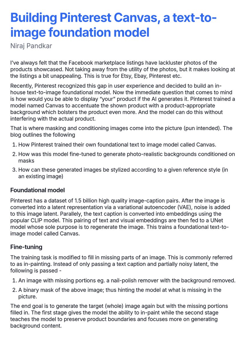 Niraj_pandkar's tweet image. I went through the Pinterest article about their in-house text-to-image foundational model for generating appealing background for user products. Here&apos;s my short-form understanding of it. Will include this in the next issue of my newsletter :)