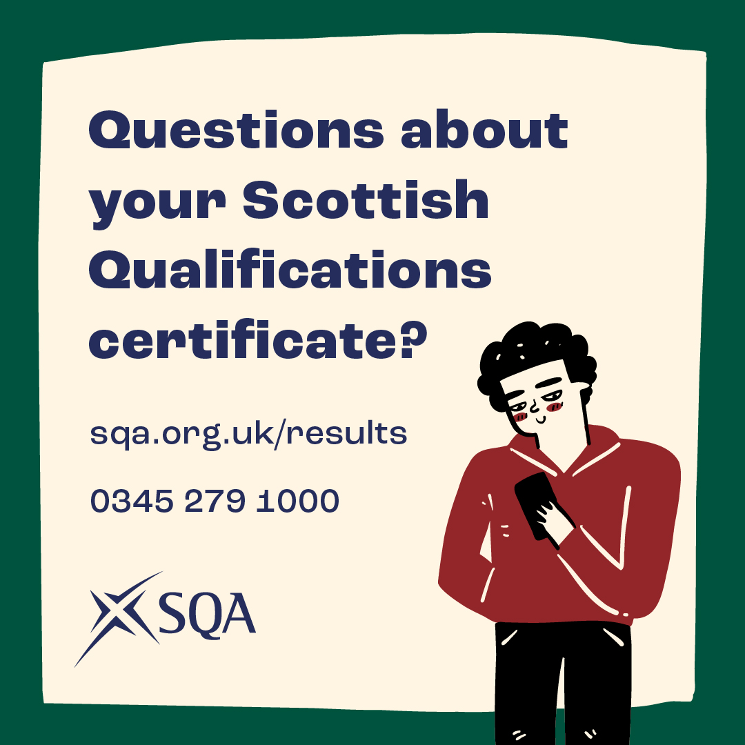#SQAresults certificates will be posted through letterboxes on Results Day, Tuesday 6 August.📨

If you have a question about your certificate, our helpful Candidate Advice Line team will be available on the day from 8am.👌

📱 0345 279 1000
💡 info.sqa.org.uk/Your-Results
